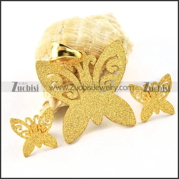 Gold Grit Blast Butterfly Stainless Steel jewelry set -s000093
