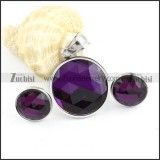 Silver Stainless Steel jewelry set with Purple Round Faceted Stone -s000067