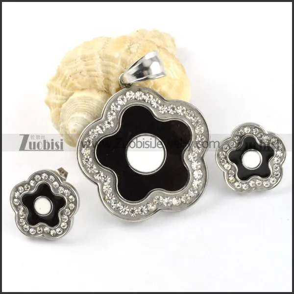 Epoxy Black Plum Blossom Stainless Steel jewelry set-s000120