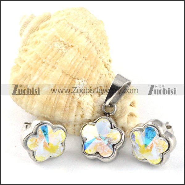 Clear Flash Color Crystal Flower Stainless Steel Jewelry Set -s000104