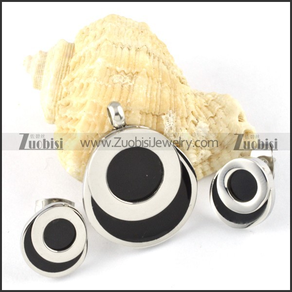 Silver Round Stainless Steel jewelry set with black stone -s000133