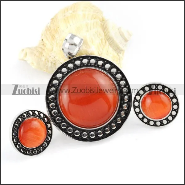 Solid Dark Orange Stone Stainless Steel jewelry set-s000060