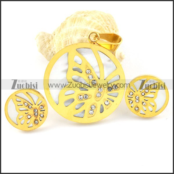 Yellow Gold Shell Butterfly Stainless Steel jewelry set-s000156