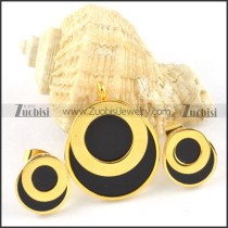 Gold Round Stainless Steel jewelry set with Balck stone -s000131