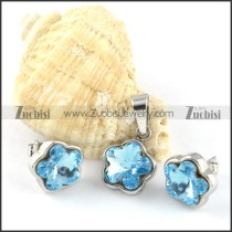 Clear Blue Crystal Flower Stainless Steel Jewelry Set -s000105