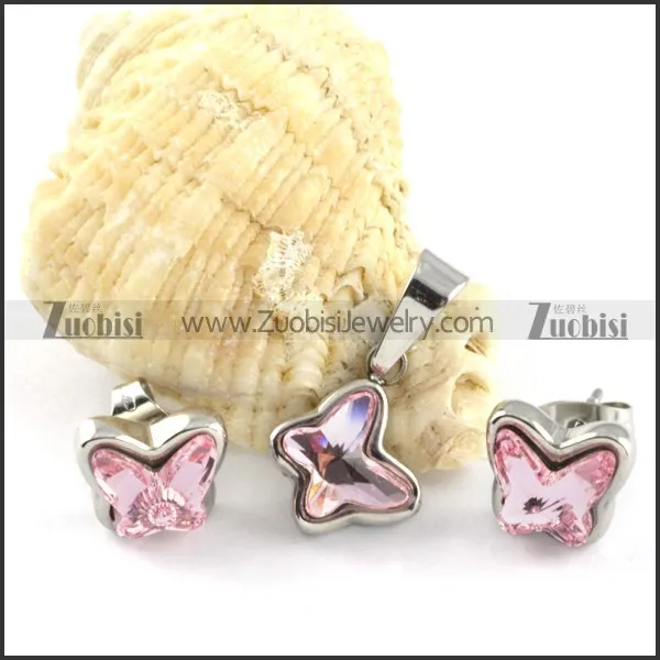 Clear Pink Crystal Butterfly Stainless Steel Jewelry Set -s000111