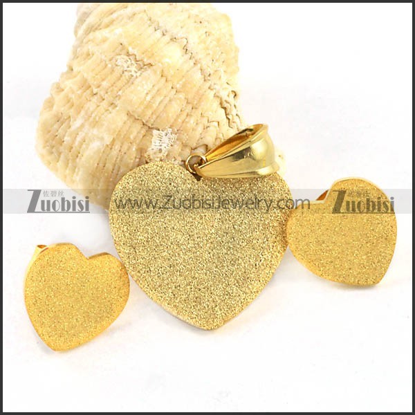 Gold Sand Blast Stainless Steel Heart Jewelry Set -s000078