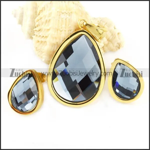 Gold Stainless Steel jewelry set with Smoky Gray Faceted Stone -s000074