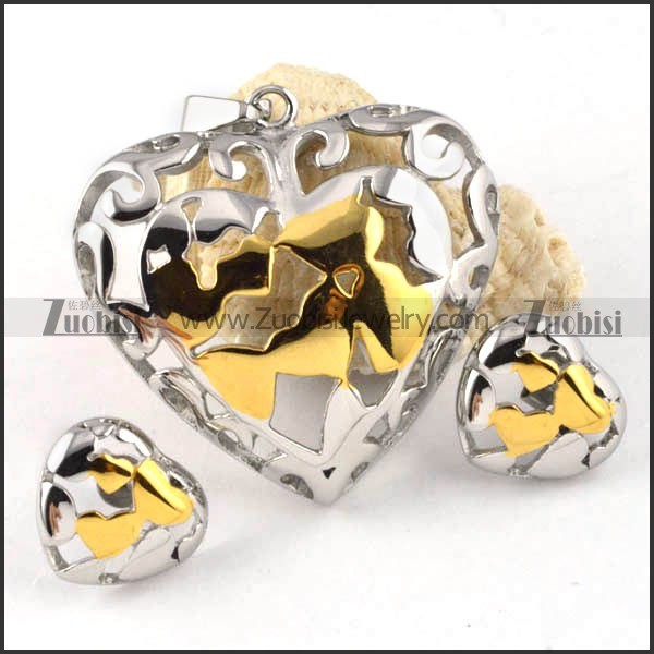 Two Tones Heart Stainless Steel jewelry set-s000054