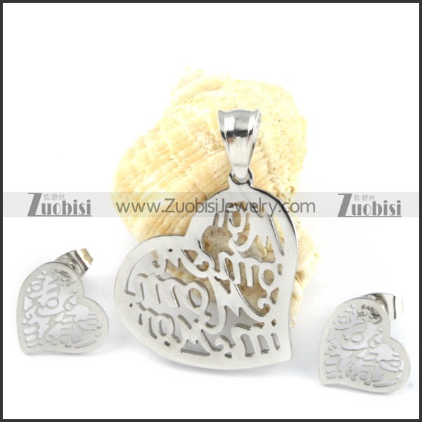 Silver Hollow Heart Stainless Steel jewelry set-s000127