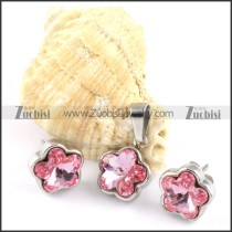 Clear Pink Plum Blossom Stainless Steel jewelry set-s000114