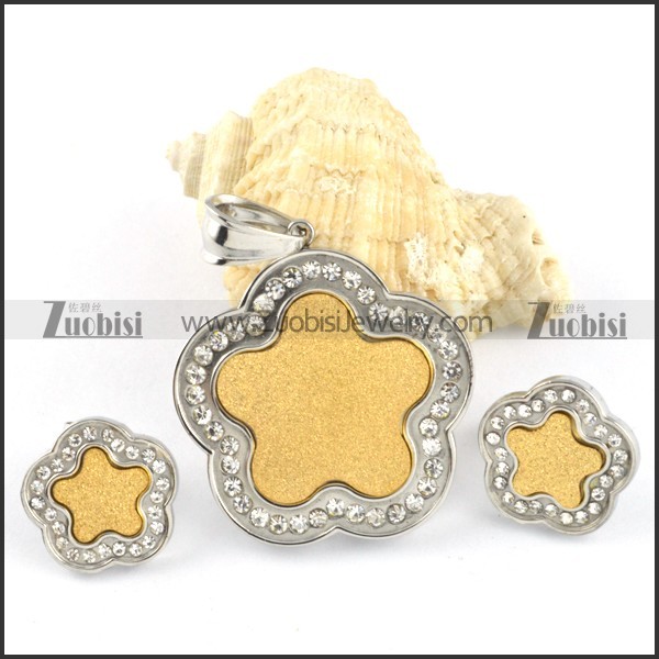 Gold Blasting Plum Blossom Stainless Steel jewelry set-s000122