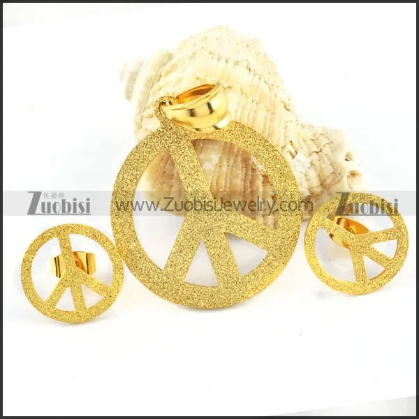 Gold Stainless Steel Peace Sign Jewelry Set-s000084