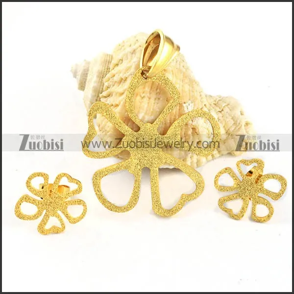 Gold Grit Blast Petal Stainless Steel Jewelry Set -s000085