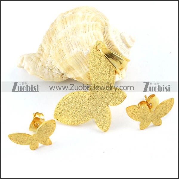 Gold Abrasive Blasting Stainless Steel Butterfly jewelry set-s000069