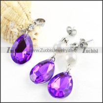 Clear Purple Stainless Steel Jewelry Set with Water-drop Stone -s000065