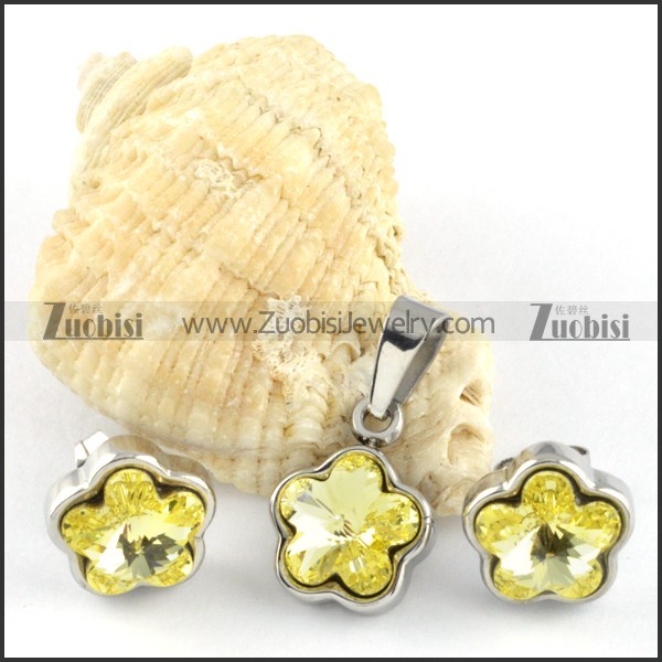 Clear Yellow Crystal Flower Stainless Steel Jewelry Set -s000102