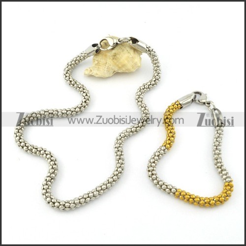 steel corn chain jewelry set included silver necklace and 2 tones bracelet -s000707