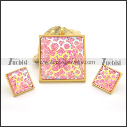 Pink Square Pendant and Earring Set s001038