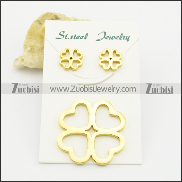 gold plating four-leaf clover pendant and earring set s000931