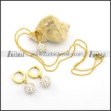 Gold Steel Clear Rhinestones Ball Earring Clip and Necklace Set s001046