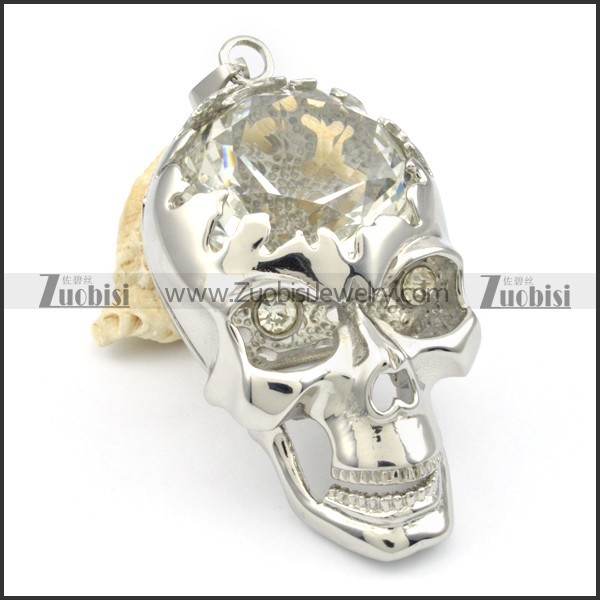 Stainless Steel Big Skull Pendants w Big Clear Stone-p000338