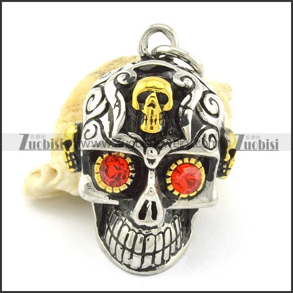 2 tones casting skull pendant with red rhinestone eyes p001364