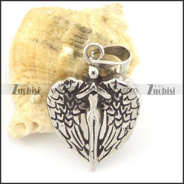 heart shaped angel pendant in stainless steel p001539