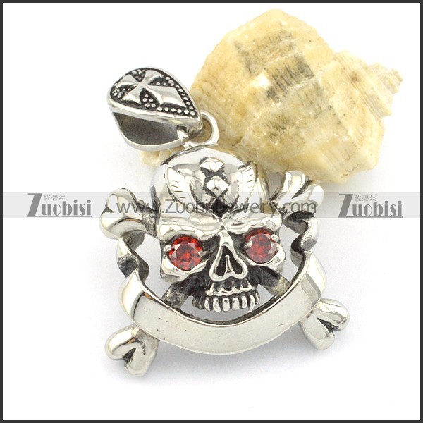 skull and crossbones pendant with 2 clear red zircon eyes p001520