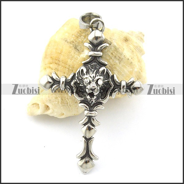 clear eye stone cross pendant with wolf head p001358