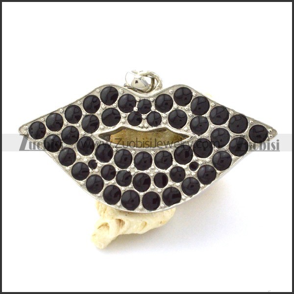 Beautiful Lady Lip Pendant with Black Rhinestone in Stainless Steel Metal -p001074