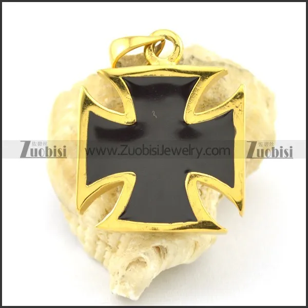 black epoxy iron cross pendant in gold tone p001610