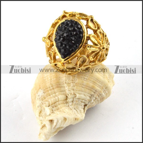 Flower Stainless Steel ring in Black Rhinestones - r000184