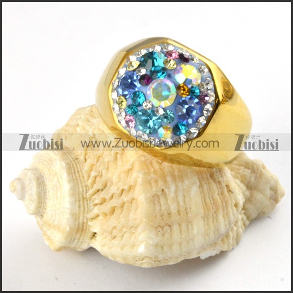 Gold Ring in Stainless Steel with Shiny Crystals - r000207