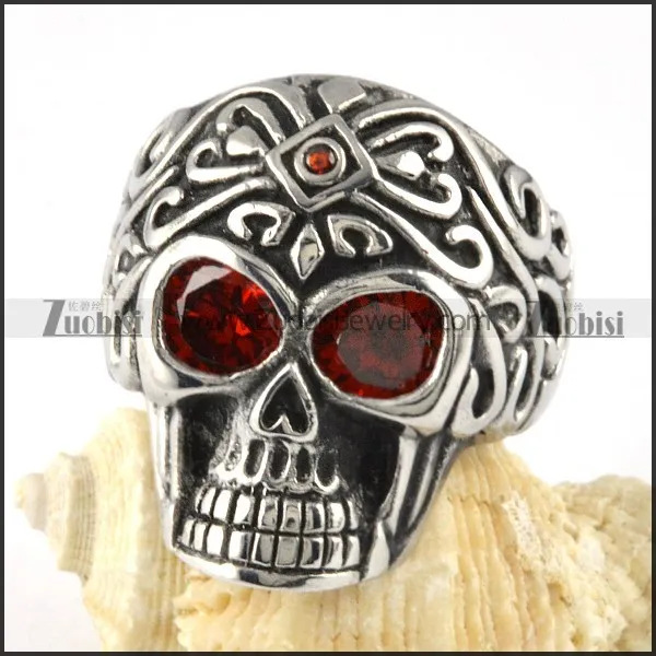 Stainless Steel Skull Ring with 2 Clear Red Zircon Eyes- r000058