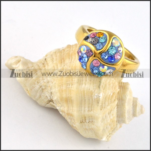 Blue Purple AB Rhinestone Stainless Steel Pinwheel Ring - r000250