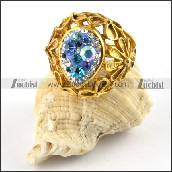 Flower Stainless Steel Ring with Multi Rhinestones - r000183