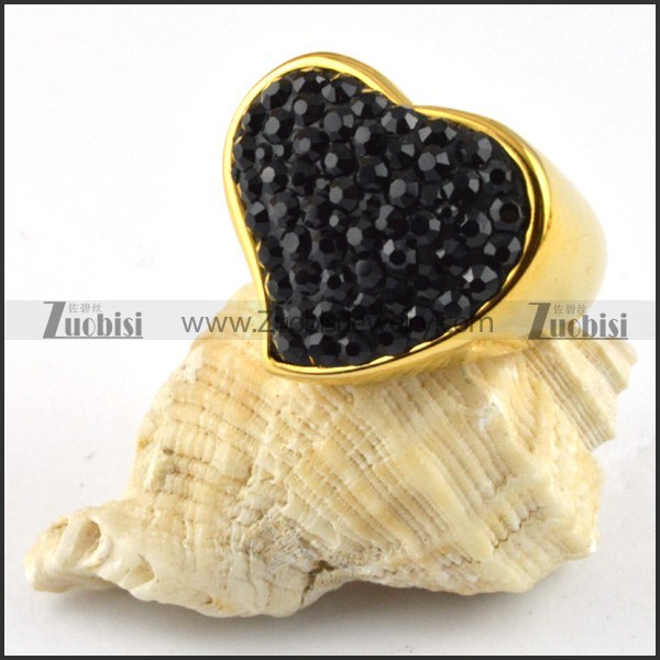 Heart Stainless Steel Ring with Black Rhinestones - r000202