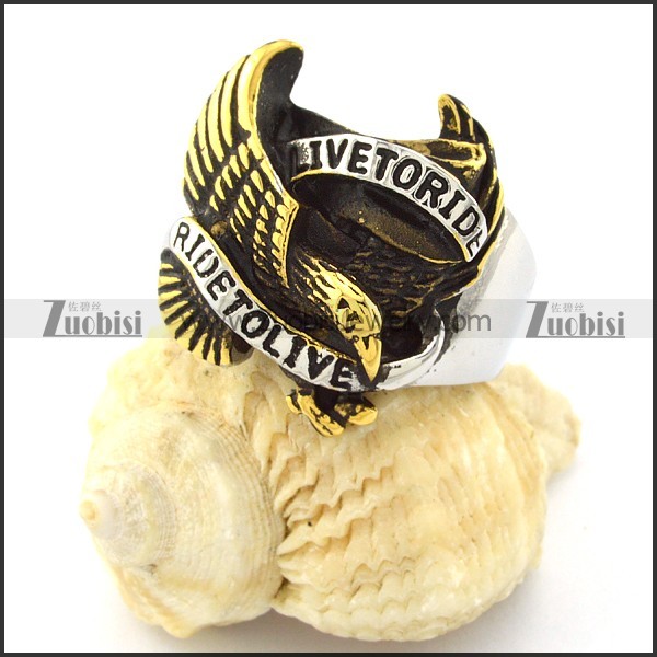 Mixed Silver and Gold Plating LIVE TO RIDE Eagle Ring in Steel for Motorcycle Bikers -r000725