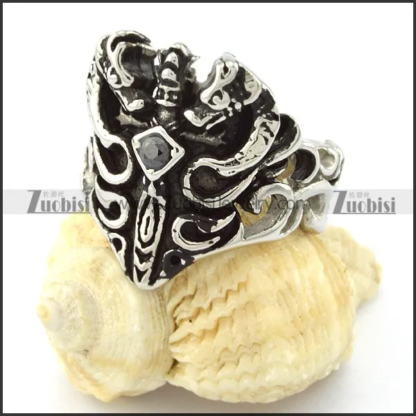Sword Ring with Black Rhinestone in Stainless Steel -r000731