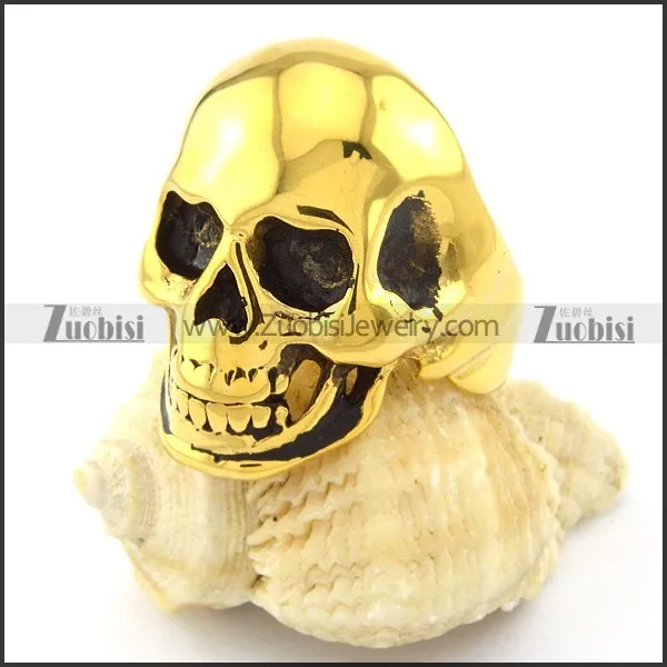 Shiny Gold Mens Bareheaded Skull Ring in Stainless Steel in medium size -r000721