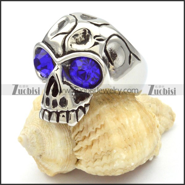 Wholesale stainless steel skull rings with big blue eyes -r000471