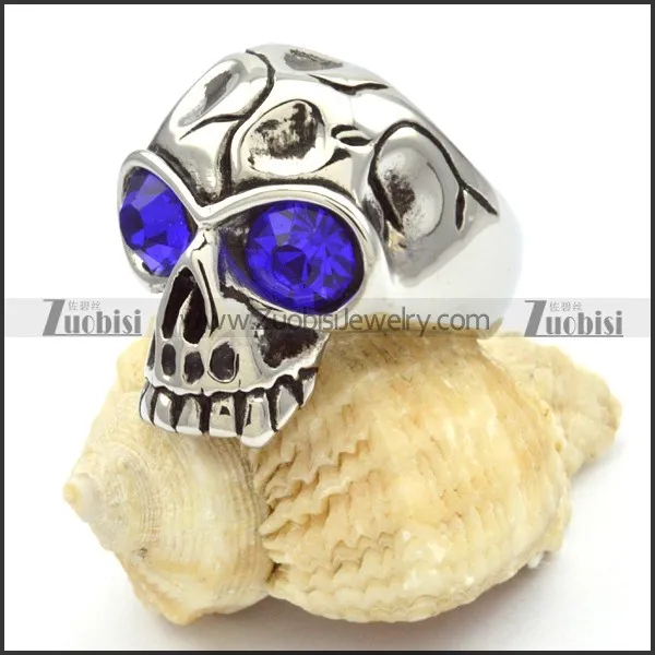 Wholesale stainless steel skull rings with big blue eyes -r000471