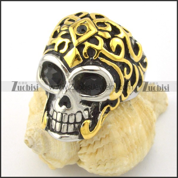 black facted rhinestone eyes skull ring with gold cap r001167