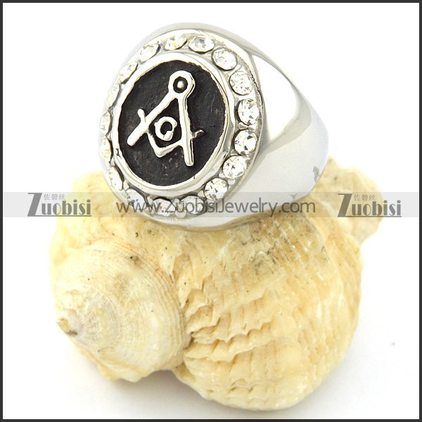 316L Stainless Steel Masonic Rings with Several Clear Rhinestones -r000892