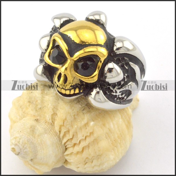 facted atrous rhinestone skull ring in gold plating r001161