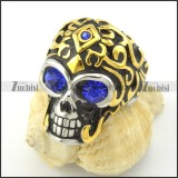 clear blue facted rhinestone eyes skull ring with gold hairr001168