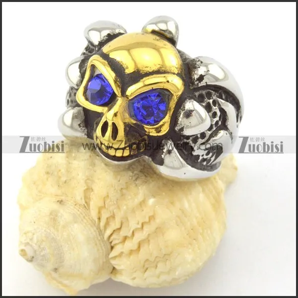 big navy blue rhinestone eye skull ring in gold and metl tone r001162