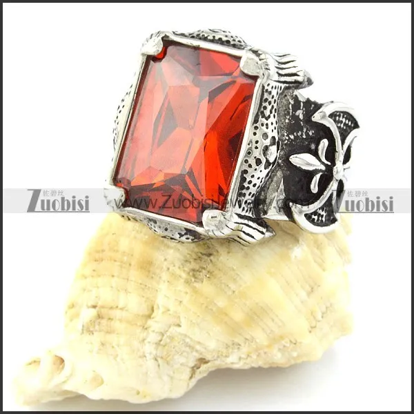 Champion Ring with Large Square Facted Clear Red Stone in Stainless Steel for Mens -r000727