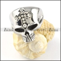 Clear Stone Cross Skull Ring in Stainless Steel -r000363